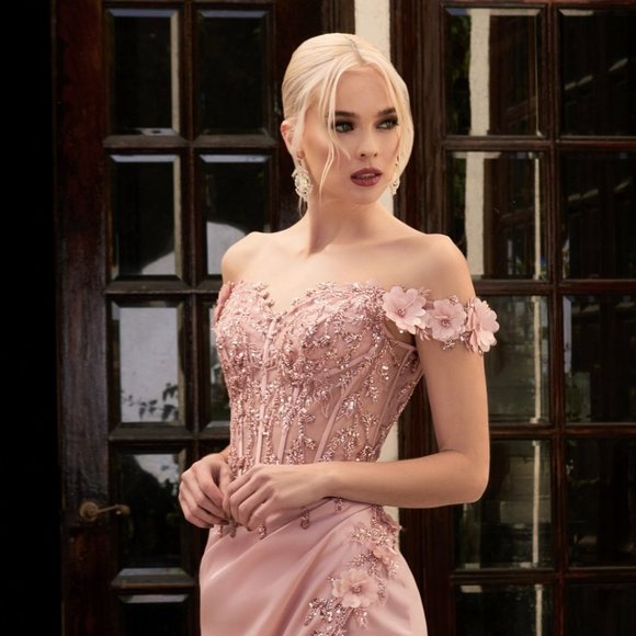 NEW LONG OFF THE SHOULDER SATIN SHEATH EMBROIDERED DRESS WITH ZIP BACK CD0186